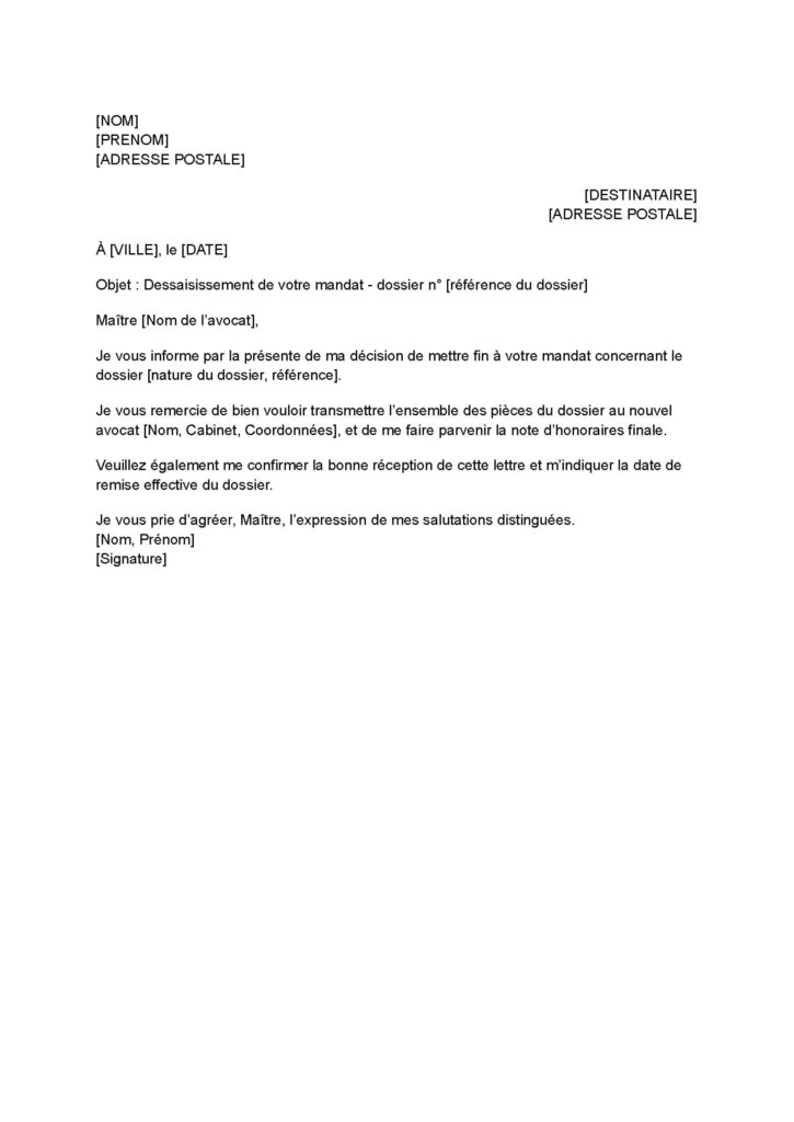 lettre de dessaisissement dun avocat 1