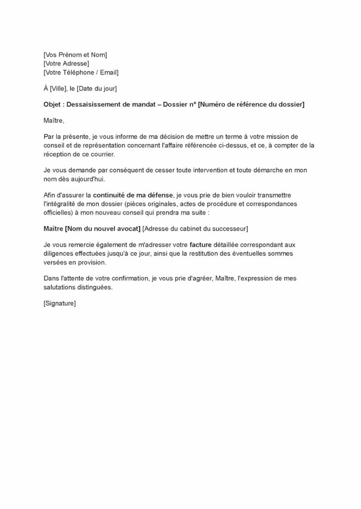 modele de lettre de dessaisissement dun avocat