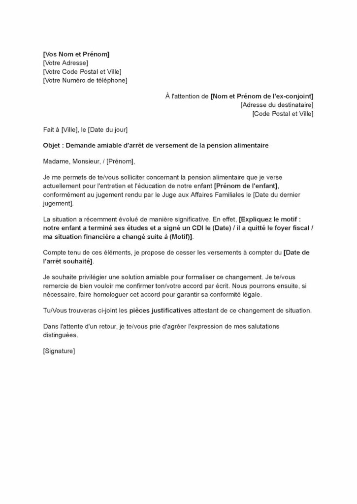 modele de lettre amiable darret de pension alimentaire