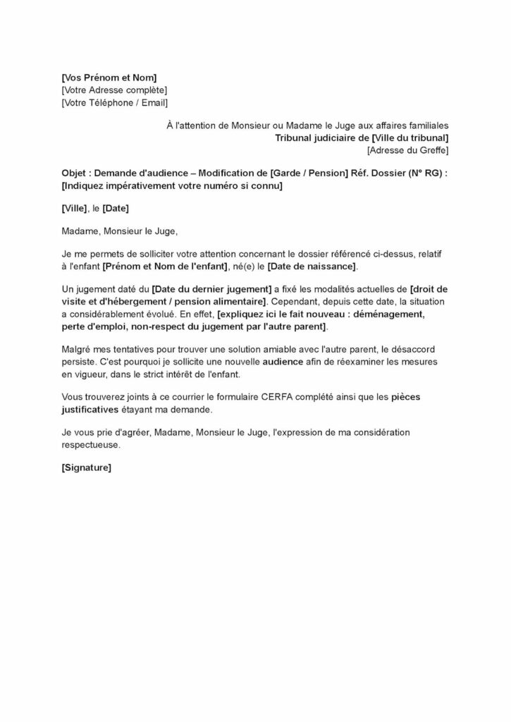 modele de lettre au juge aux affaires familiales