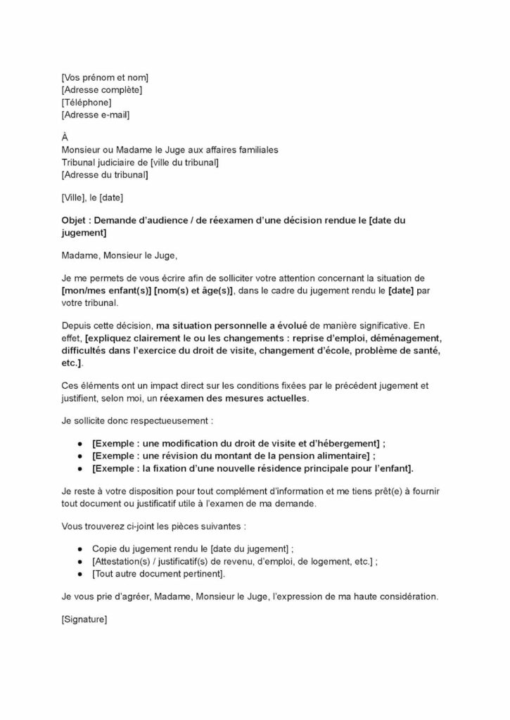 modele de lettre au juge aux affaires familiales