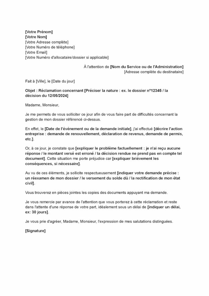 Modèle de lettre de réclamation administrative