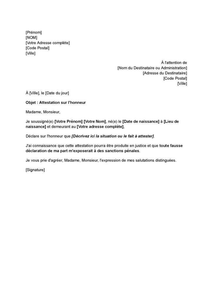 exemple de modèle d'attestation sur l'honneur